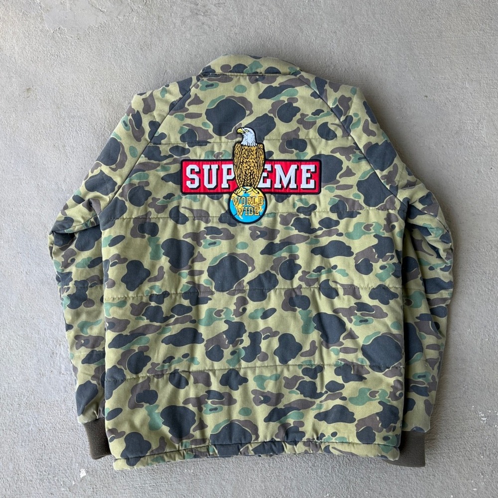 Supreme Eagle World Wide Camo Puffer Jacket Mens Medium Green Camouflage Quilted